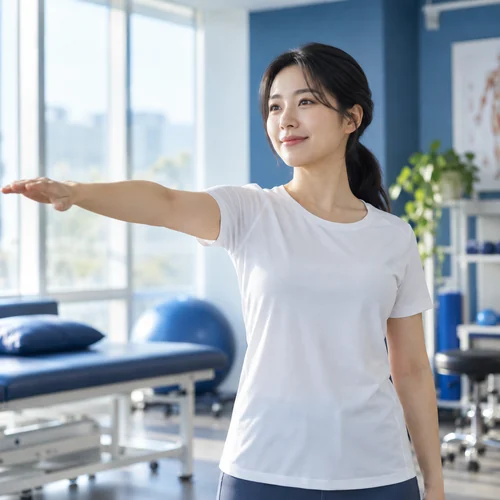 밝은 실내에서 한 팔을 들어보는 성인의 AI 생성 개념 예시